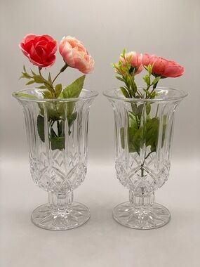 Vintage Clear Cut Glass Diamond Pattern Pedestal Vases Pair